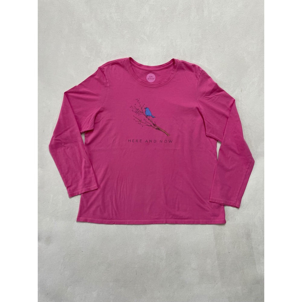 Life is Good Pink Here and Now Blue Bird Long Sleeve Graphic Tee Shirt Womens XL